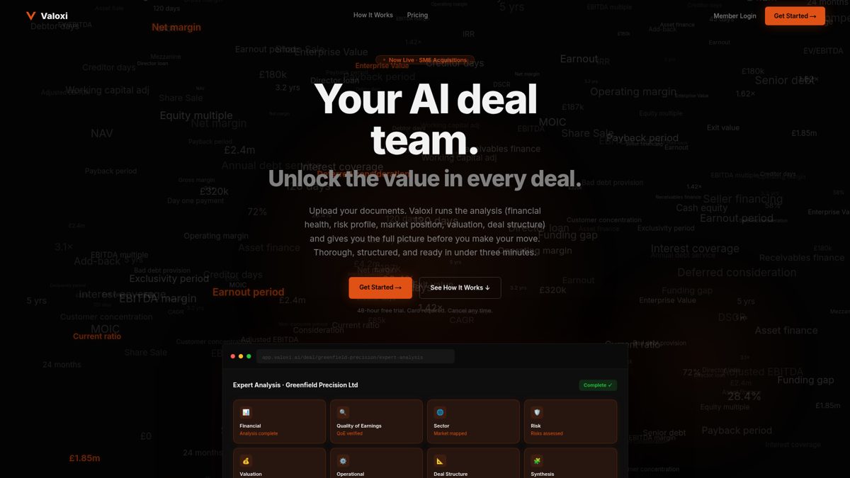 Valoxi AI deal intelligence website built by ShiftWeb